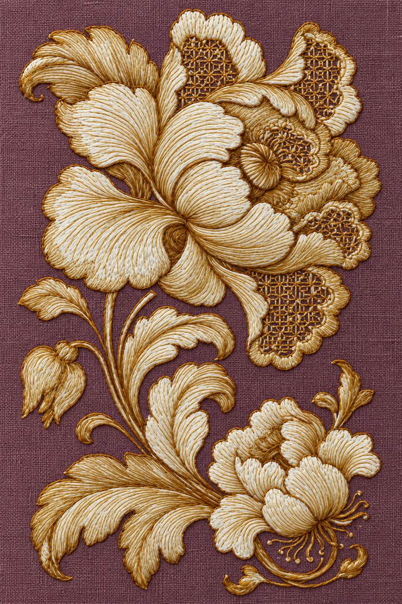 Fine cotton embroidery of ivory and ochre scrolling floral spray on linen, from Colbert Embroidery Studies Book Three.