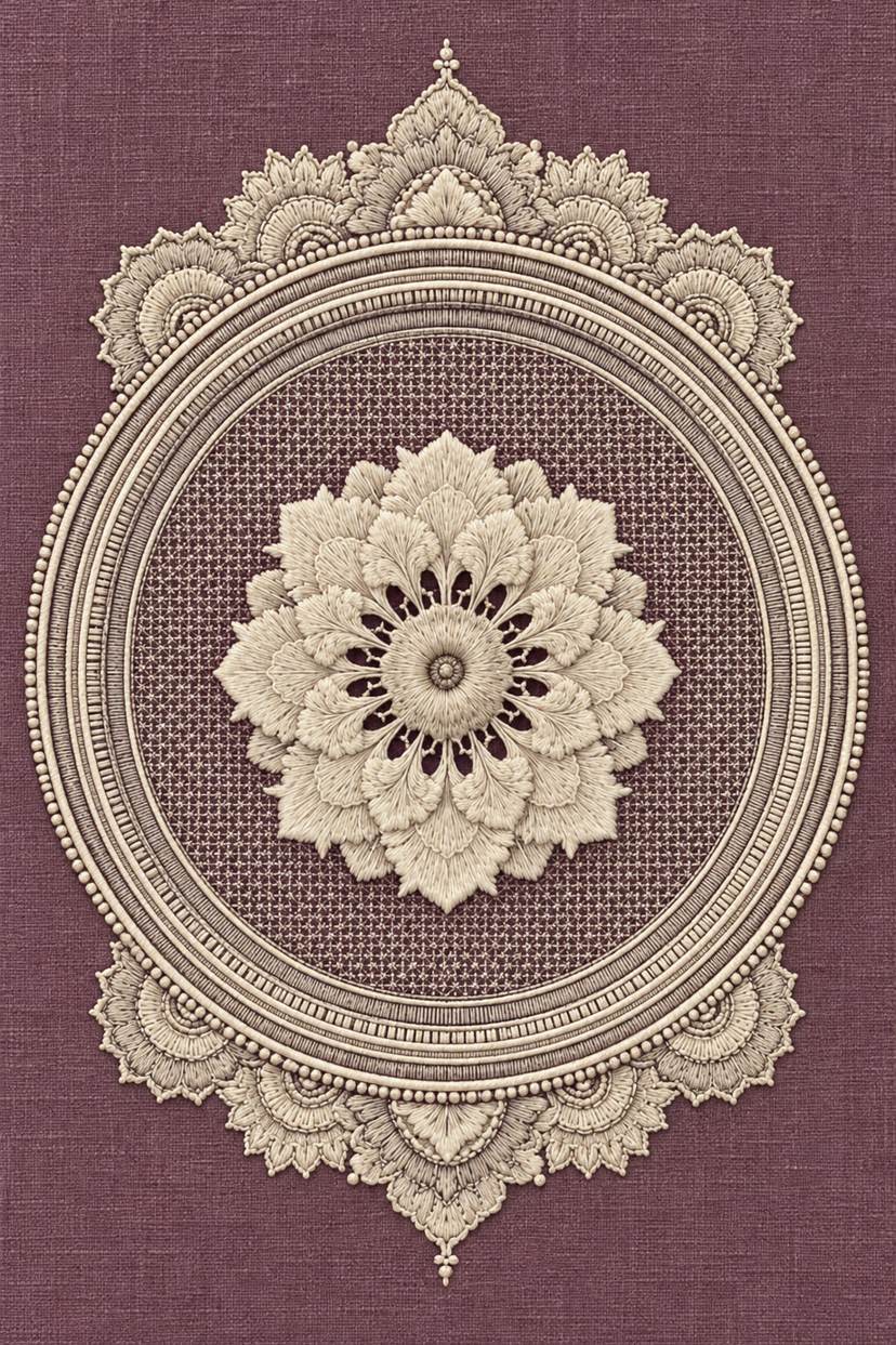 Fine cotton embroidery of ivory floral medallion with ornamental rings on linen, from Colbert Embroidery Studies Book Three.