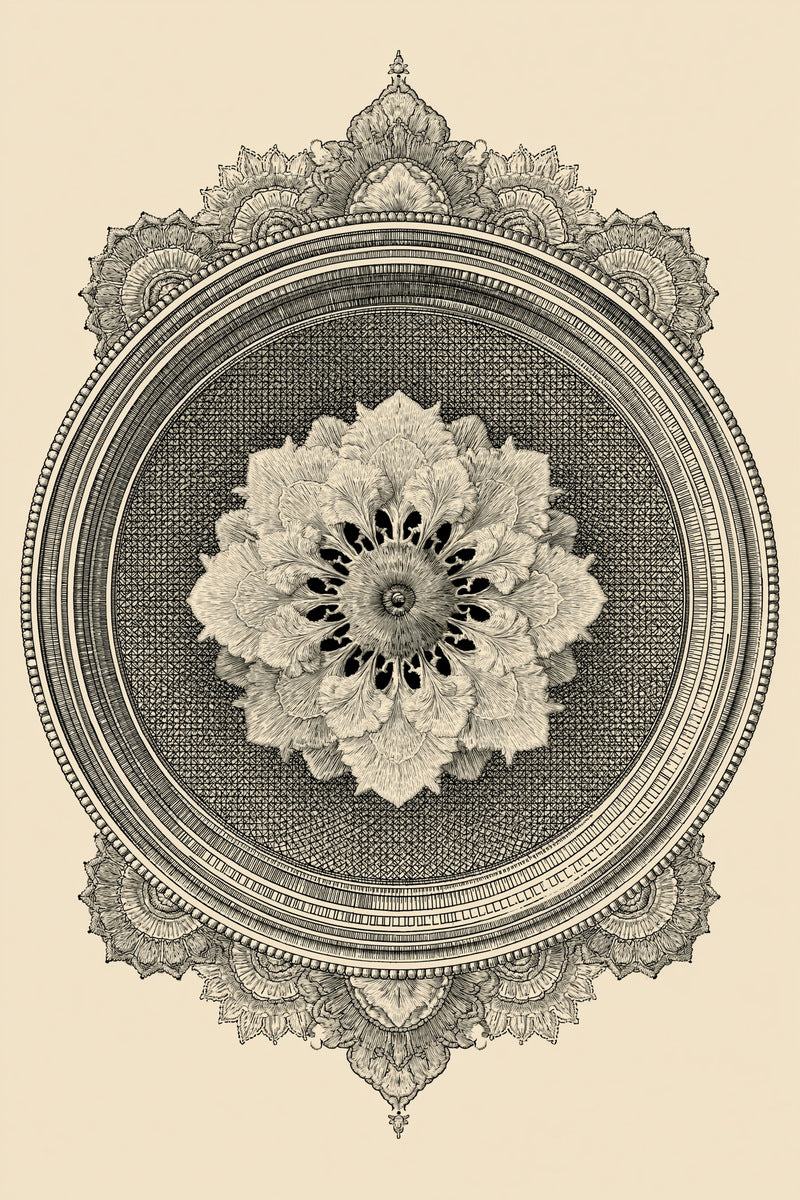 Original drawing of ivory floral medallion with ornamental rings, from Colbert Embroidery Studies Book Three.