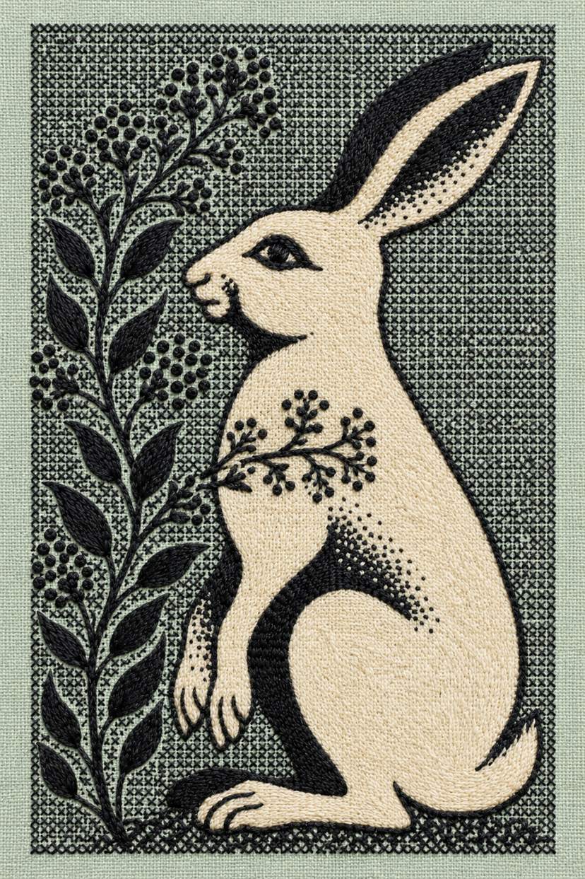 Fine cotton embroidery of ivory hare and berry branch on linen, from Colbert Embroidery Studies Book Three.