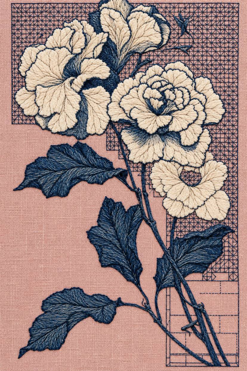 Fine cotton embroidery of ivory ruffled floral stem on indigo lattice on linen, from Colbert Embroidery Studies Book Three.