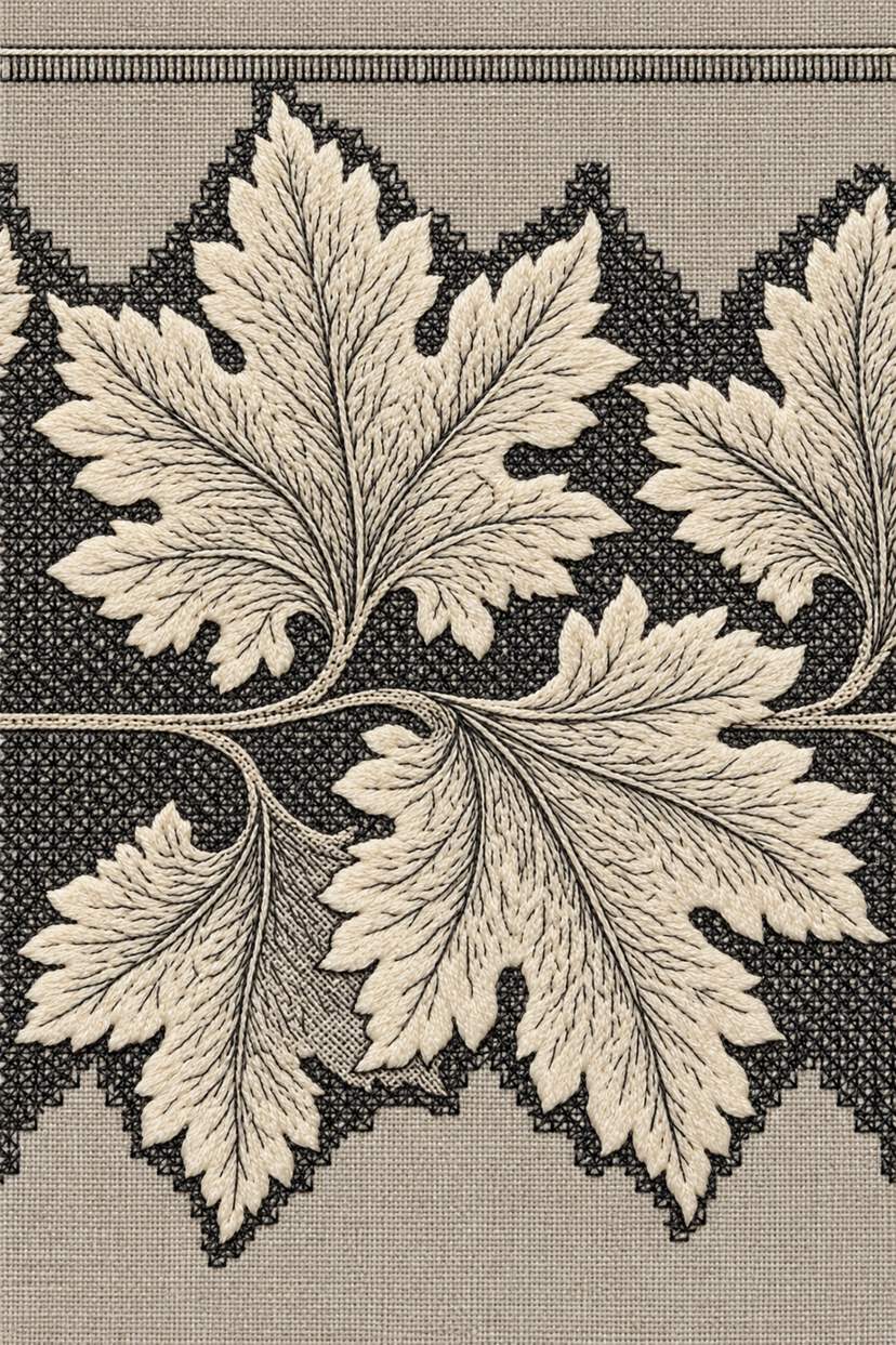 Fine cotton embroidery of large serrated leaves on counted lattice on linen, from Colbert Embroidery Studies Book Three.