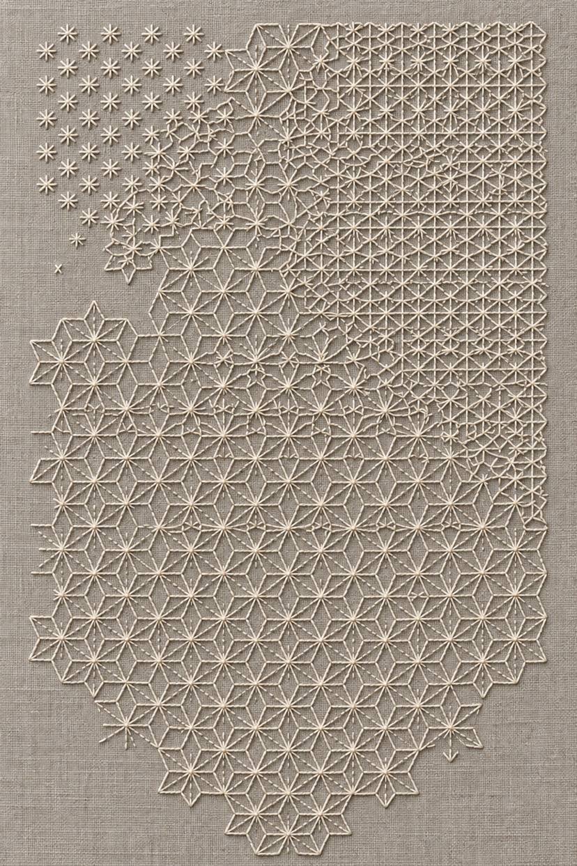 Fine cotton embroidery of open star lattice transition sampler on linen, from Colbert Embroidery Studies Book Three.