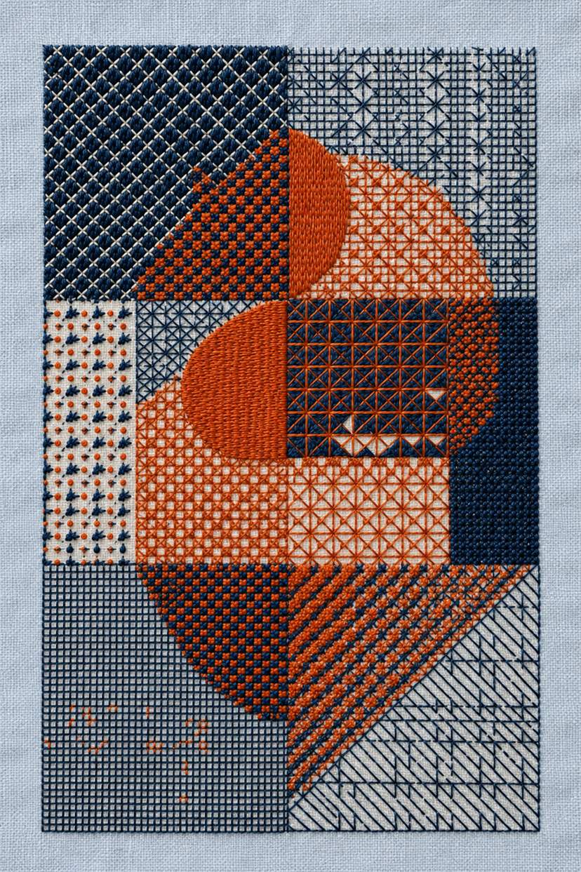 Fine cotton embroidery of orange and indigo geometric patchwork on linen, from Colbert Embroidery Studies Book Three.