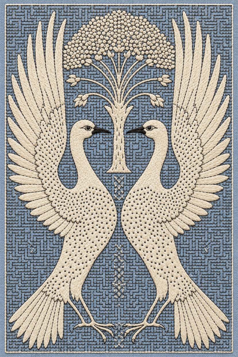 Fine cotton embroidery of paired raised wing birds and flowering tree on linen, from Colbert Embroidery Studies Book Three.