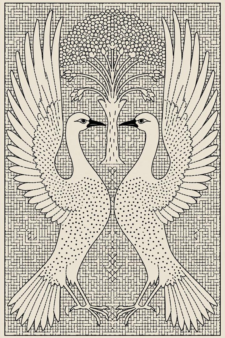 Original drawing of paired raised wing birds and flowering tree, from Colbert Embroidery Studies Book Three.