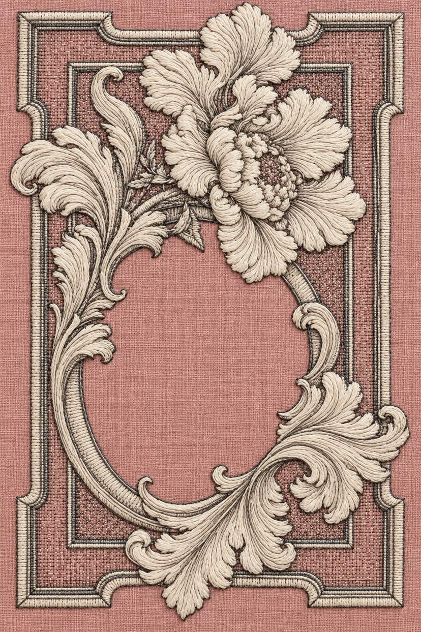 Fine cotton embroidery of scrolling acanthus floral monogram frame on linen, from Colbert Embroidery Studies Book Three.