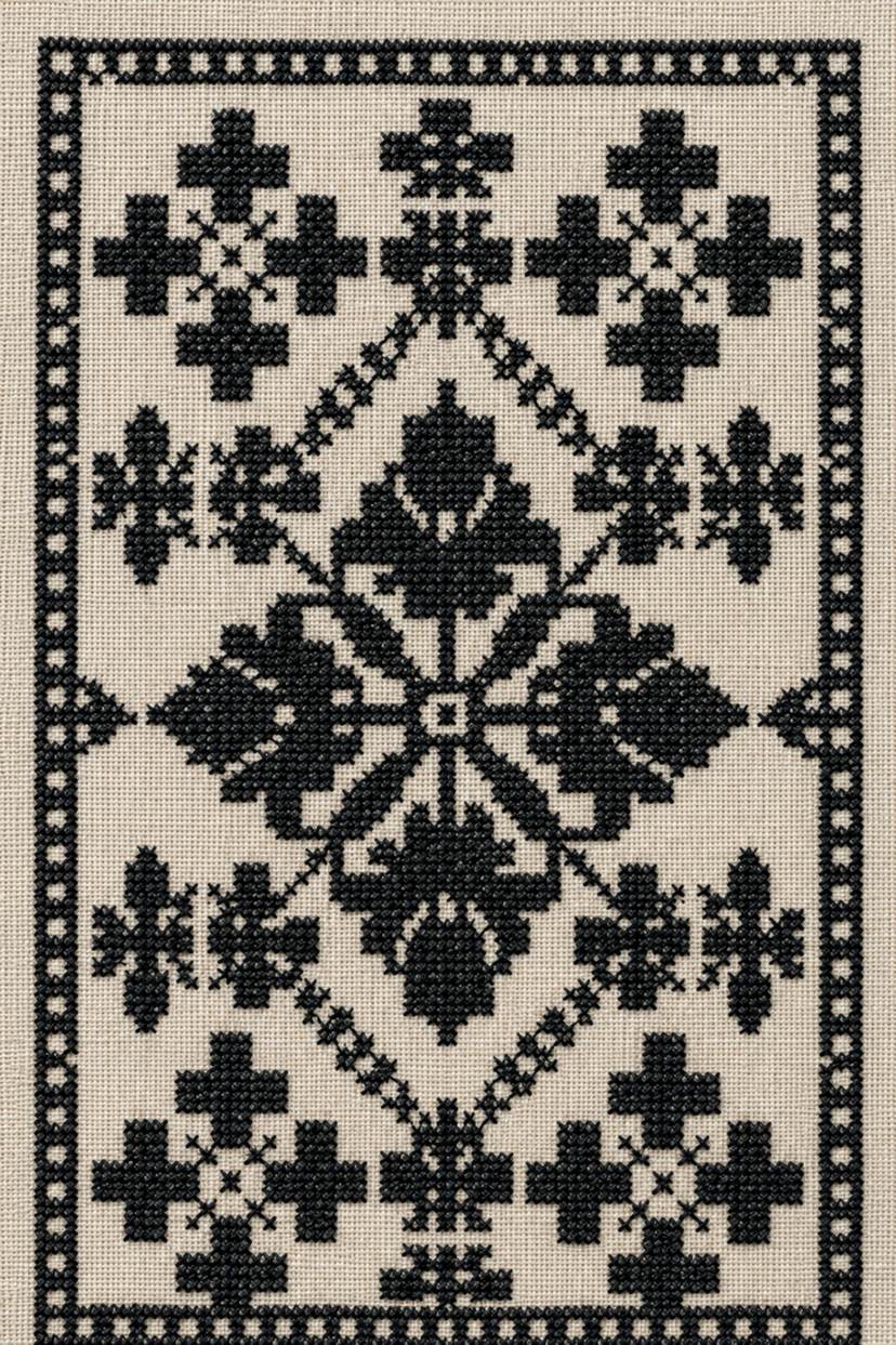 Fine cotton embroidery of charcoal folk floral diamond sampler on warm stone grey linen, from Colbert Embroidery Studies Book Four.