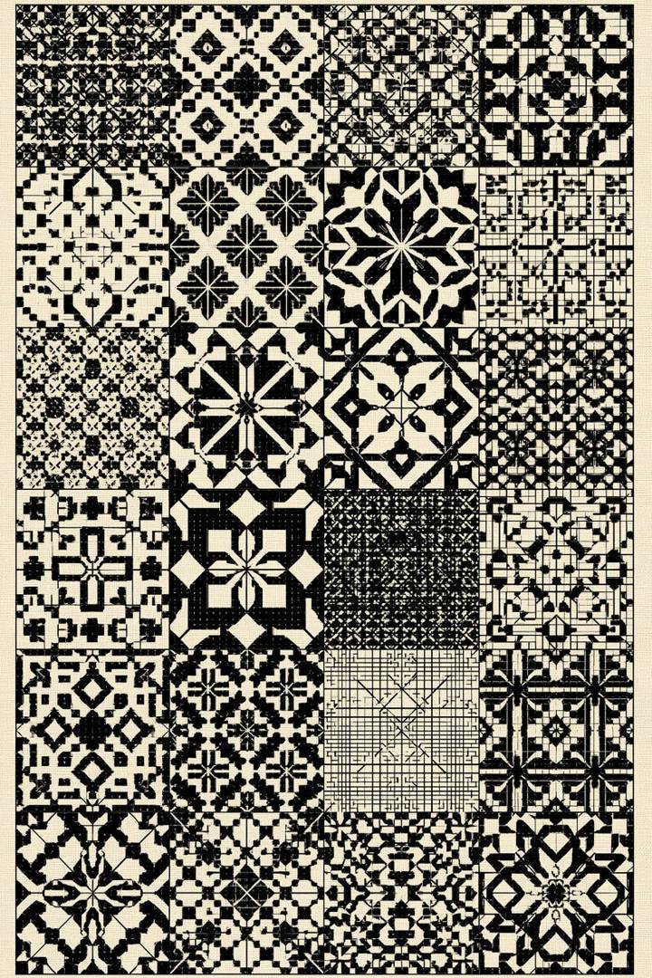 Original drawing of charcoal geometric tile sampler, from Colbert Embroidery Studies Book Four.