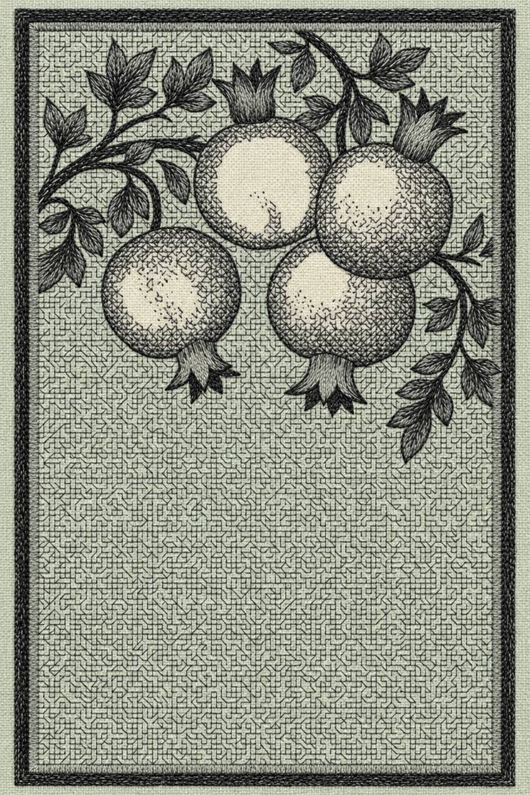 Fine cotton embroidery of four pomegranates on maze lattice panel on pale celadon linen, from Colbert Embroidery Studies Book Four.