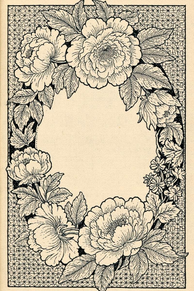 Original drawing of ivory floral oval with rectangular lattice frame, from Colbert Embroidery Studies Book Four.