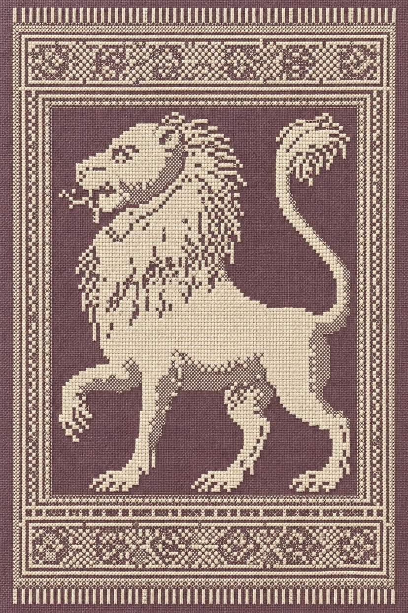 Fine cotton embroidery of ivory heraldic lion with counted borders on linen, from Colbert Embroidery Studies Book Four.