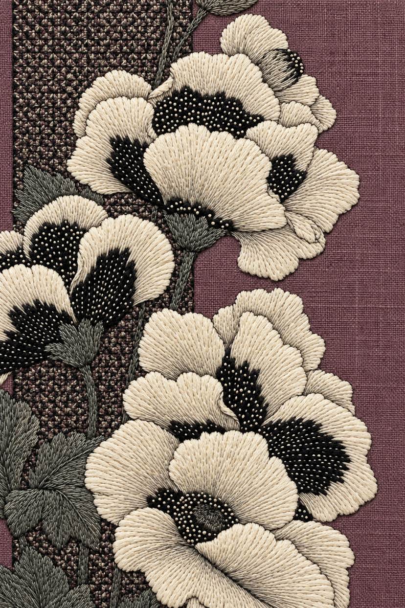 Fine cotton embroidery of ivory poppy side border on charcoal lattice on dusty plum linen, from Colbert Embroidery Studies Book Four.
