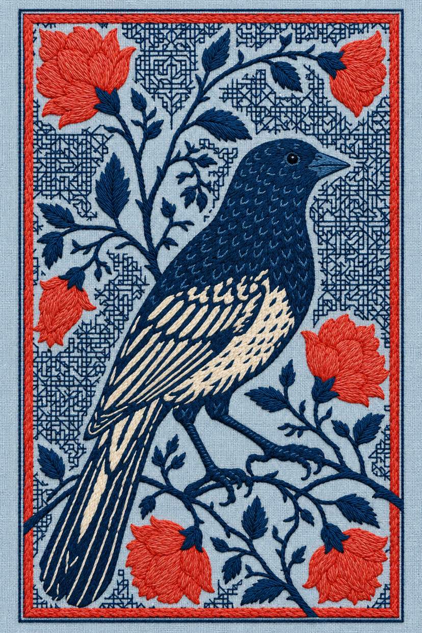 Fine cotton embroidery of navy songbird and coral flower panel on dusty powder blue linen, from Colbert Embroidery Studies Book Four.