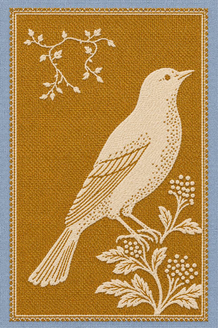 Fine cotton embroidery of ochre and ivory songbird panel on linen, from Colbert Embroidery Studies Book Four.
