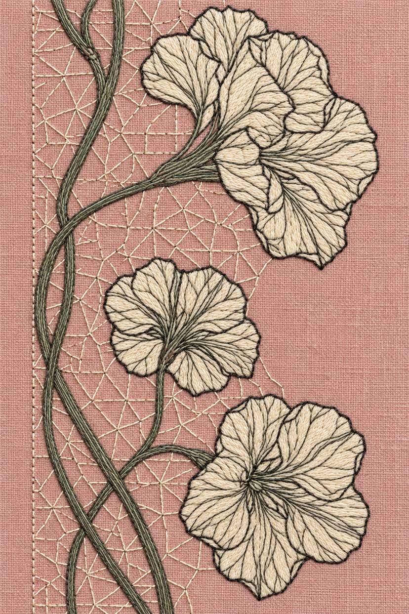 Fine cotton embroidery of three open flowers and polygon lattice on dusty rose linen, from Colbert Embroidery Studies Book Four.