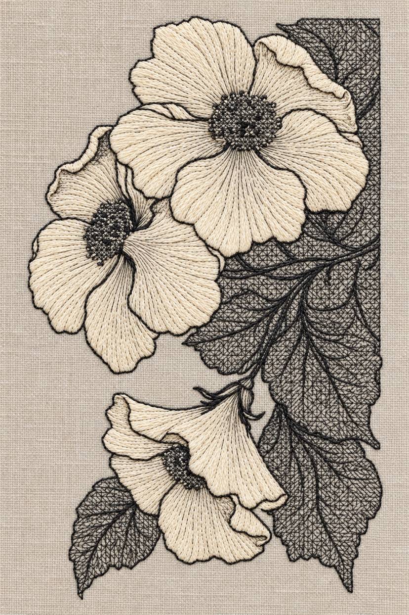 Fine cotton embroidery of three open flowers on angular lattice on linen, from Colbert Embroidery Studies Book Four.