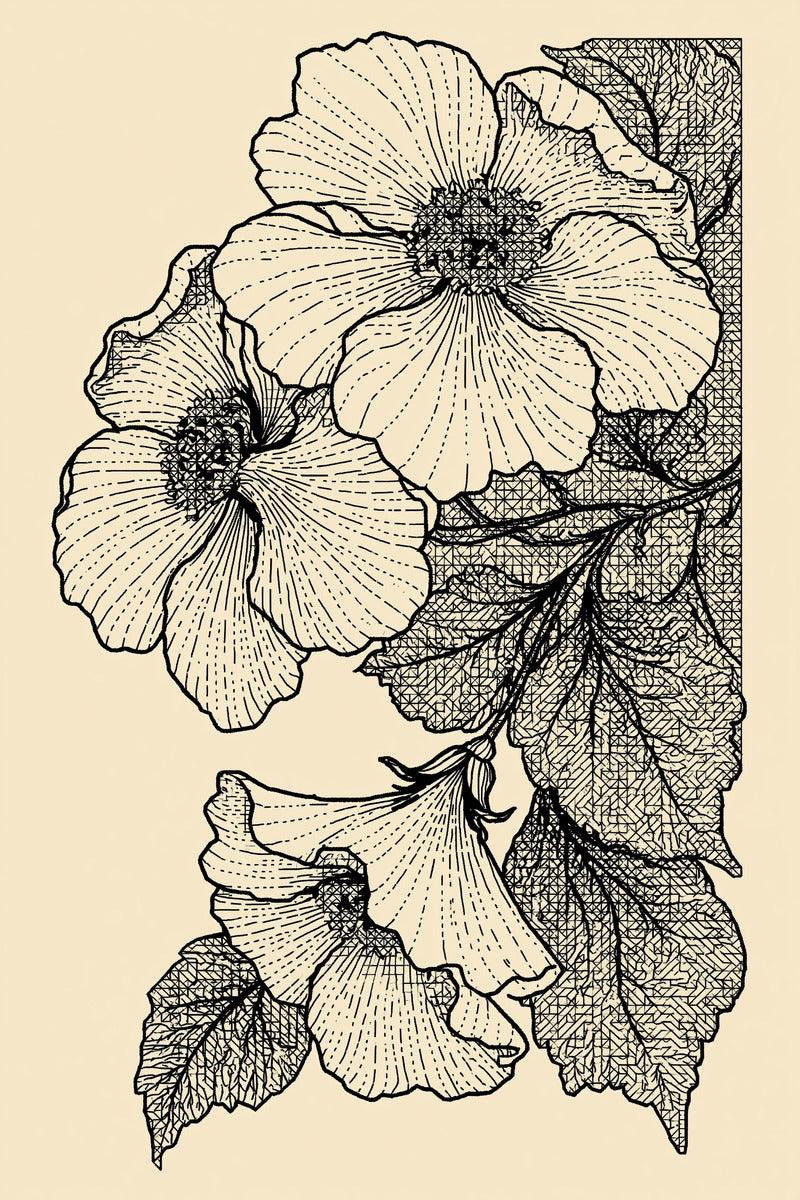 Original drawing of three open flowers on angular lattice, from Colbert Embroidery Studies Book Four.