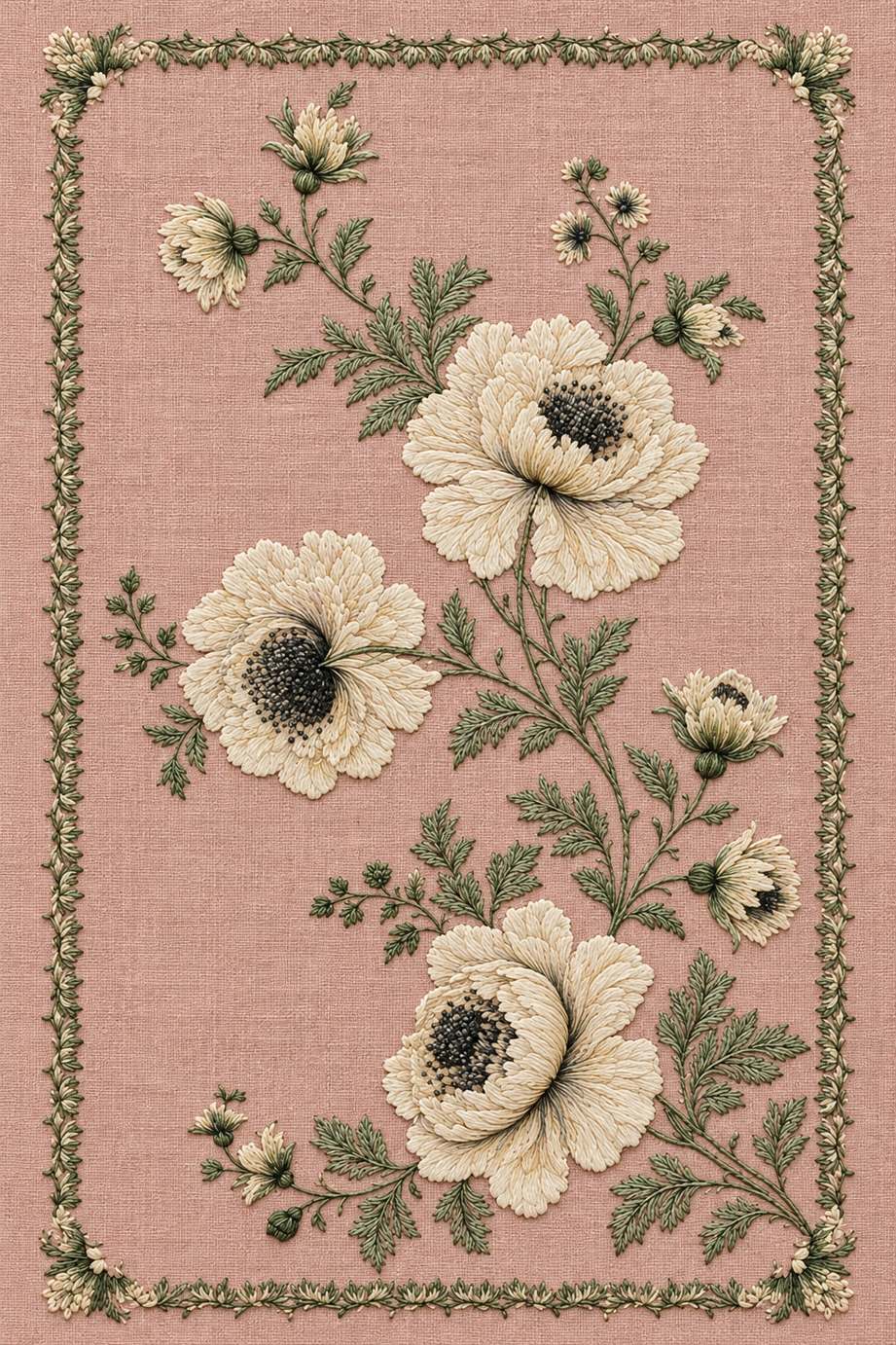 Fine cotton embroidery of three poppies and delicate foliate frame on linen, from Colbert Embroidery Studies Book Four.