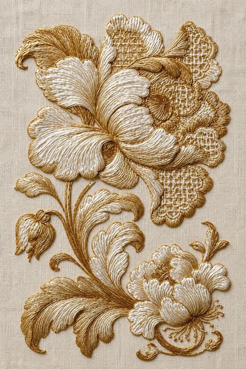 Colbert Broderie Interpretation Panel from Colbert Embroidery Studies Book 3, a digital embroidery design reference for machine embroidery designs, embroidery patterns and lace and broderie details.