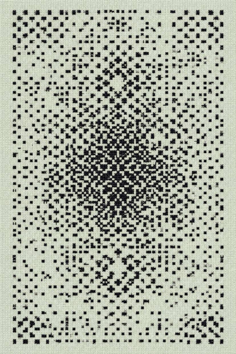 Fine cotton embroidery of charcoal counted geometric star medallion on pale celadon linen.