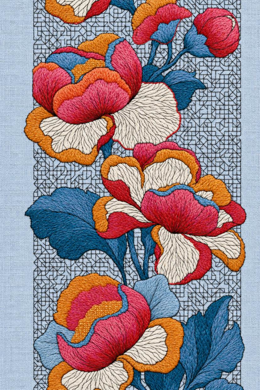 Fine cotton embroidery of coral orange and blue floral geometric band on powder blue linen.