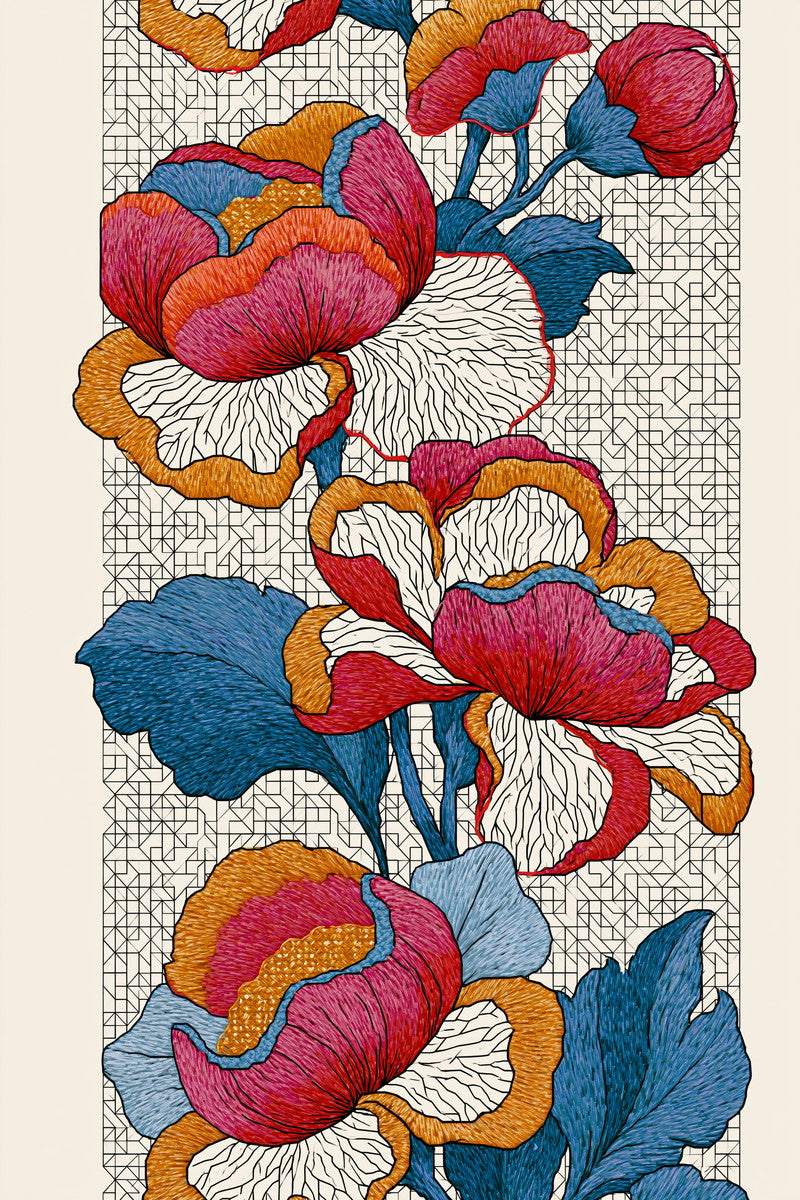 Original drawing of coral orange and blue floral geometric band from Colbert Embroidery Studies Book One.