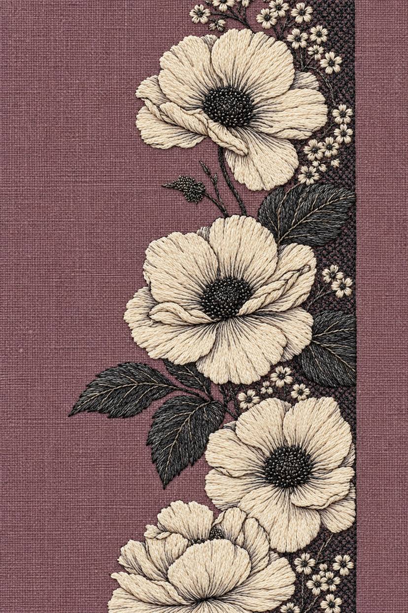 Fine cotton embroidery of ivory poppy and small blossom side border on dusty plum linen.