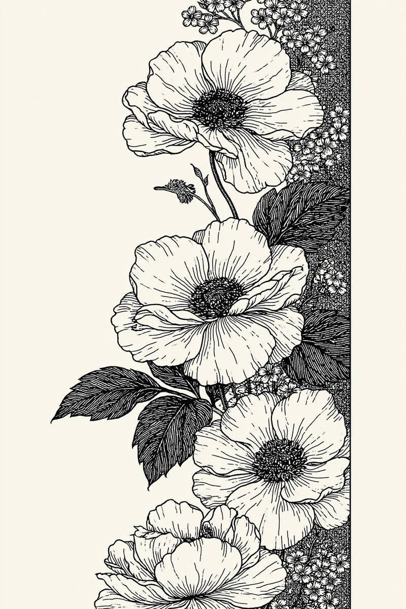 Original drawing of ivory poppy and small blossom side border from Colbert Embroidery Studies Book One.