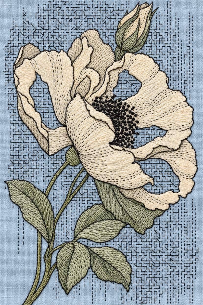 Fine cotton embroidery of large poppy with bud and maze fill on powder blue linen.