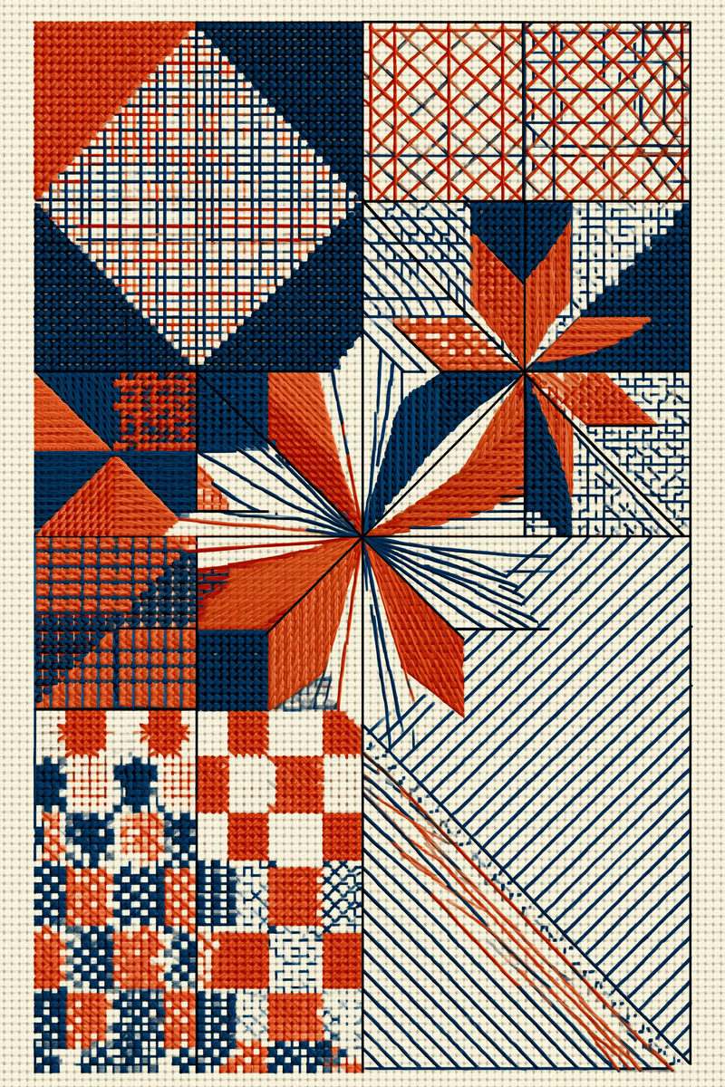 Original drawing of orange and indigo geometric sampler panel from Colbert Embroidery Studies Book One.