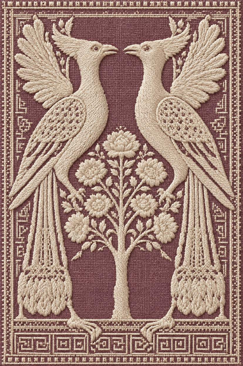 Fine cotton embroidery of paired crested birds and floral tree panel on dusty plum linen.