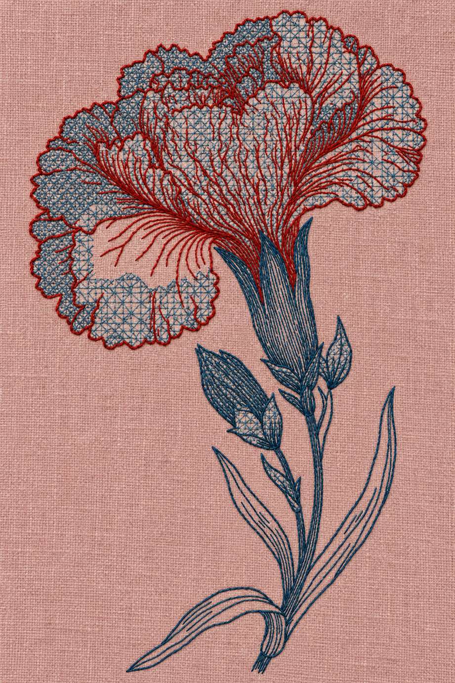 Fine cotton embroidery of red and blue lattice fan carnation on dusty rose linen.