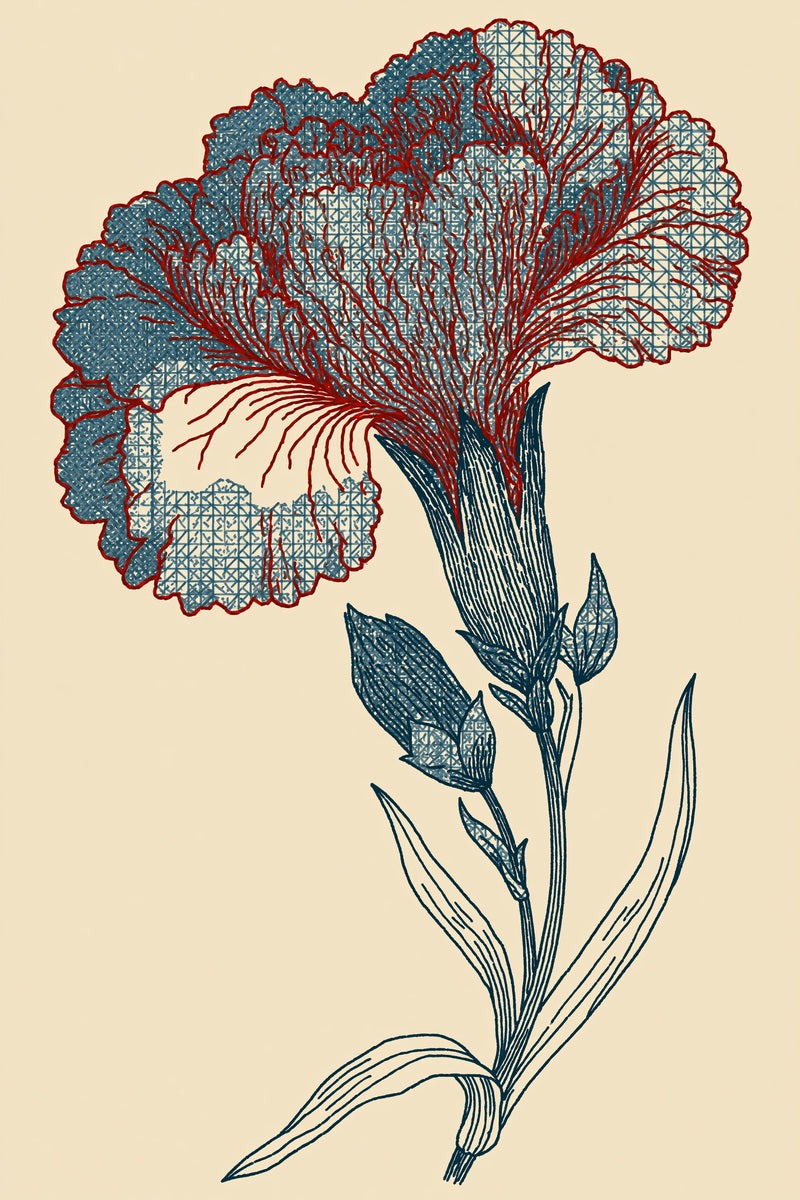 Original drawing of red and blue lattice fan carnation from Colbert Embroidery Studies Book One.