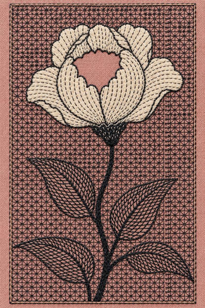 Fine cotton embroidery of single open flower on square star lattice on dusty rose linen.