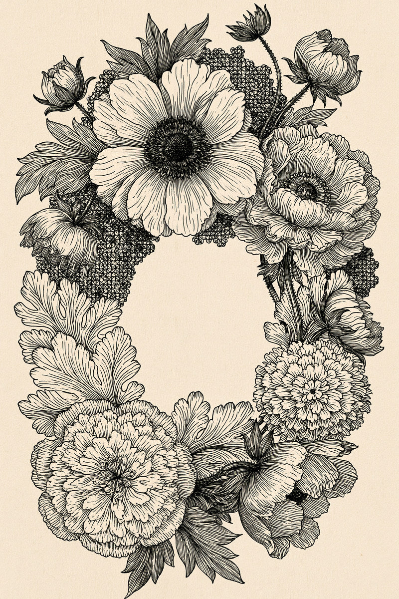 Colbert Floral Monogram Frame 02 from Colbert Embroidery Studies Book 1, a digital embroidery design reference for machine embroidery designs, embroidery patterns and frames and monogram spaces.