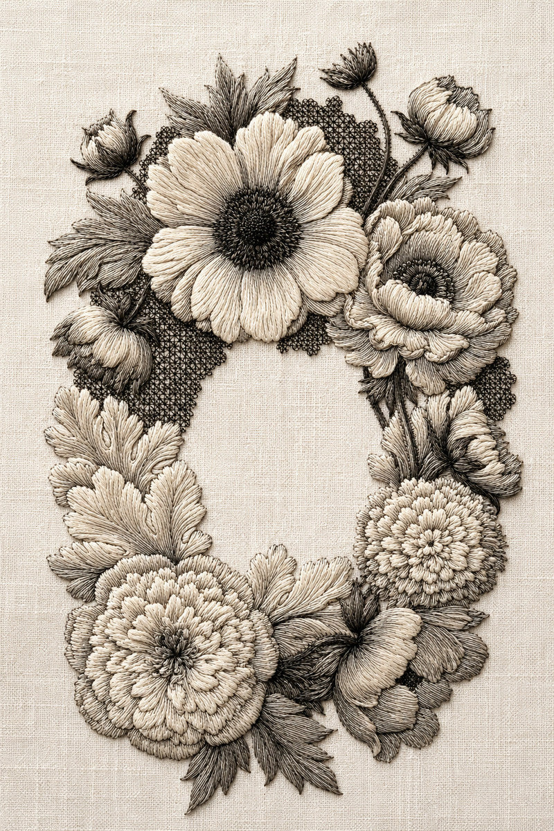 Colbert Floral Monogram Frame from Colbert Embroidery Studies Book 1, a digital embroidery design reference for machine embroidery designs, embroidery patterns and frames and monogram spaces.