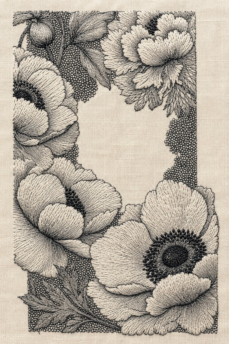 Colbert Floral Monogram Frame from Colbert Embroidery Studies Book 3, a digital embroidery design reference for machine embroidery designs, embroidery patterns and frames and monogram spaces.