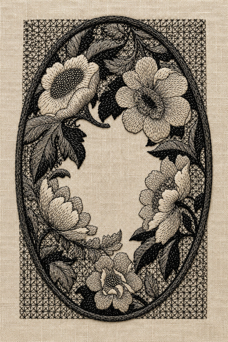 Colbert Oval Floral Frame 02 from Colbert Embroidery Studies Book 1, a digital embroidery design reference for machine embroidery designs, embroidery patterns and frames and monogram spaces.