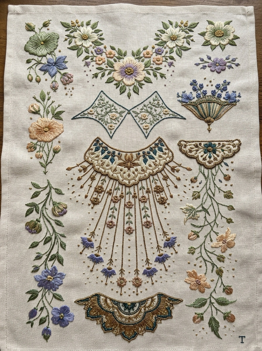 Collar Cuff And Sleeve Library from Jacket Backs & Shirt Fronts Embroidery Book 4, a digital embroidery design reference for machine embroidery designs, embroidery patterns and garment placement ideas.
