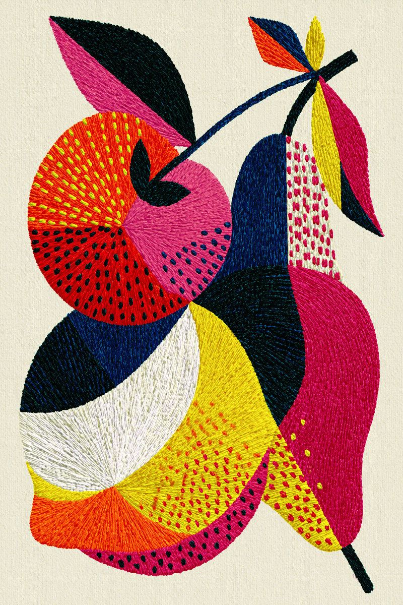 Original design: one abstract colour-block bird-shaped composition with large round patterned wing and pointed leaves.