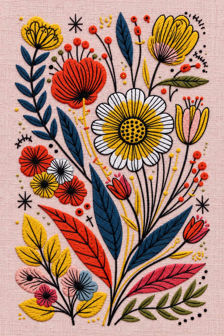 Hand embroidery of airy fine-stem wildflower bouquet with daisies, poppies, cup flowers, buds and long leaves on pale dusty rose linen.