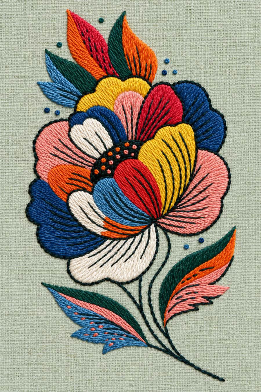 Embroidery visualization: one large asymmetric multicolour bloom with elongated pointed leaves and slender stems on muted pale celadon linen.