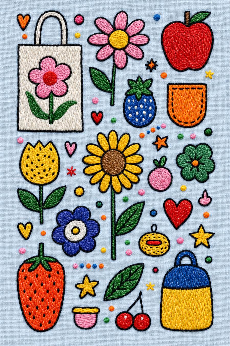 Hand embroidery of small cheerful motif sampler of two bags, flowers, apple, blueberry, orange pocket, strawberries, hearts, stars, cherries and scattered dots on soft pale powder blue linen.