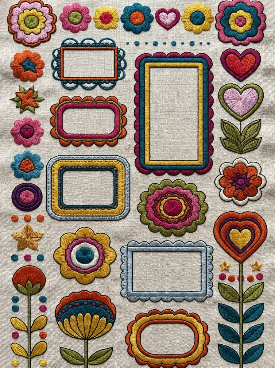 Color Pop Border And Frame from Color Pop Patches & Playful Motifs Book 3, a digital embroidery design reference for machine embroidery designs, embroidery patterns and border and edge embroidery.