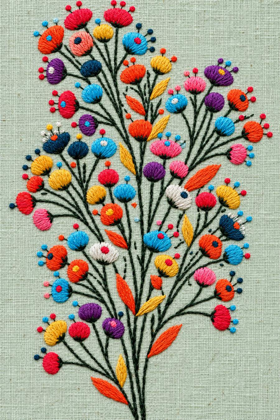 Embroidery visualization: one fine branching tree-like spray of many tiny colourful cup flowers, buds and narrow leaves on pale celadon linen.