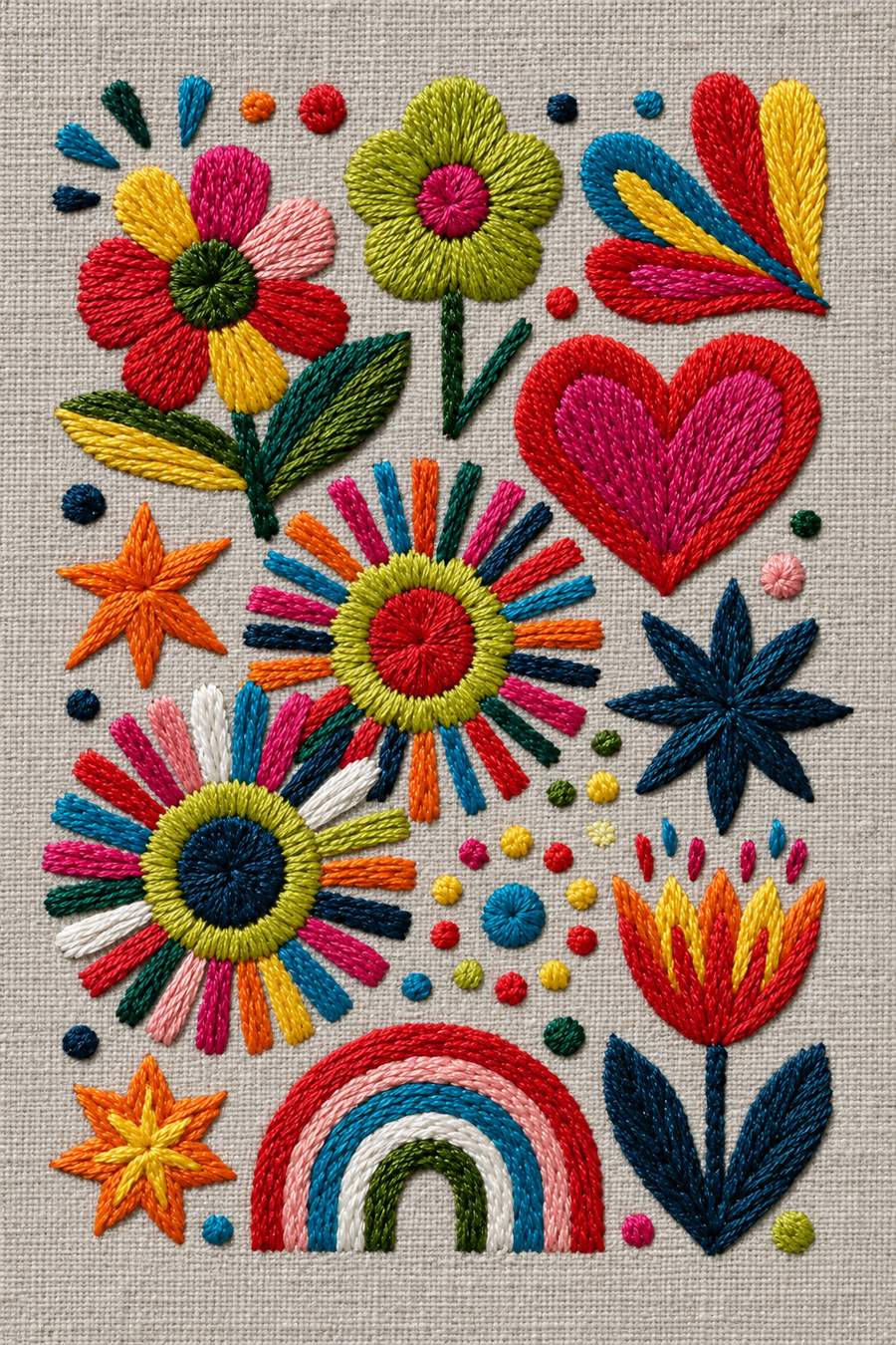 Embroidery visualization: bright flowers, a heart, stars, tulip and rainbow on stone grey linen.