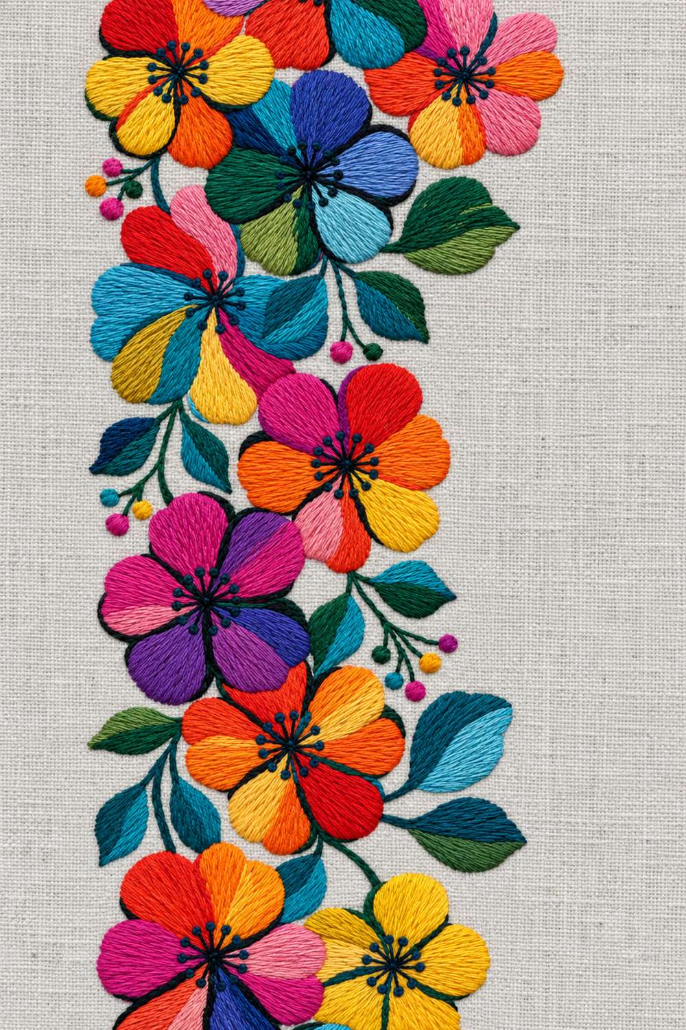 Hand embroidery of narrow cascading border of overlapping multicolour rounded flowers, small yellow blooms and green leaves on pale cool stone grey linen.