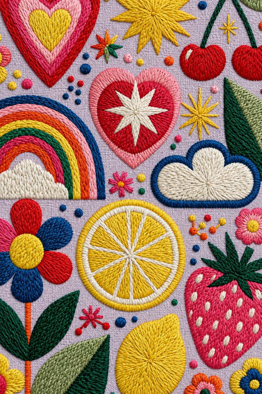Embroidery visualization: hearts, stars, cherries, rainbow, cloud and fruit on lavender linen.