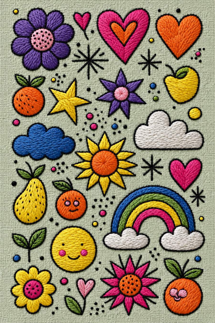 Embroidery visualization: cheerful flowers, hearts, fruit, clouds and rainbow on sage linen.